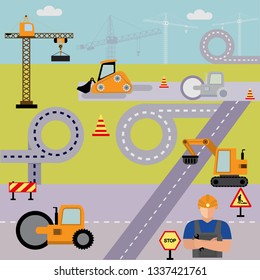 Road construction and repair vector banner. Repair is expensive in the city. Yellow road roller, road laying, road works. 