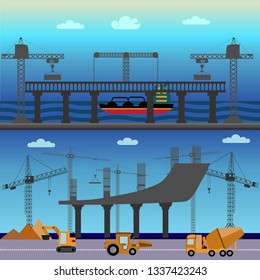 Road construction and repair vector banner. Repair is expensive in the city. Yellow road roller, road laying, road works. 