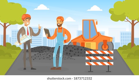 Road Construction and Repair, Road Worker in Overalls and Safety Helmet Repairing Road Vector Illustration