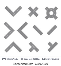 Road construction set. Highway map toolkit. Connectible road elements. Vector illustration of winding road.