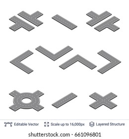 Road construction set. Highway map toolkit. Connectible road elements. Vector illustration of winding road.
