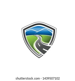 Road construction with shield creative symbol layout. Paving logo design concept. Asphalt repair company sign idea