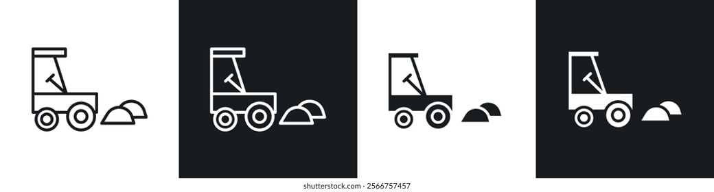 Road construction signs in black outline, solid and colored style