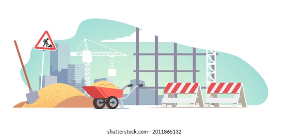 Road construction site and equipment  Empty industrial highway repair renovation site and wheelbarrow  sand pile  shovel  warning sign  barriers in city  Building road flat vector illustration