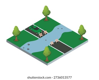 Road Construction Site with River, Bridge, and City Traffic 3d isometric vector illustration