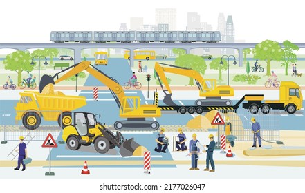 Road construction site with wheel loader and excavator illustration