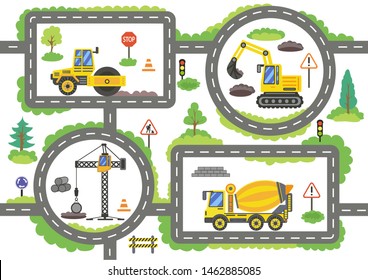 Road with construction trucks. Children board game. Wallpaper or carpet for childrens room. Kids wall decal construction trucks. Birthday decor construction trucks. Vector illustration.