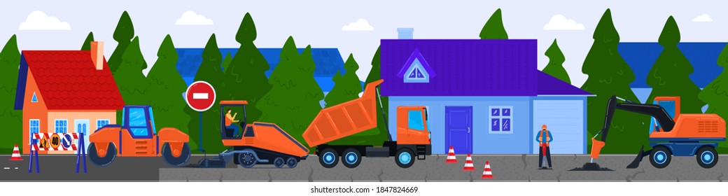 Road construction vector illustration. Cartoon flat worker people working with tractor truck compactor paving machine, repairing public asphalt street highway, construct repair roadwork background