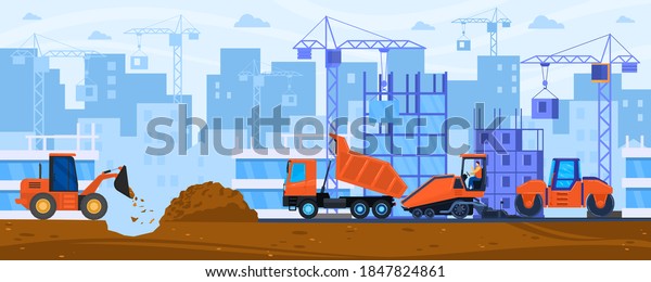 Road construction vector illustration. Cartoon\
flat tractor steamroller compactor and paving machine work on\
constructing city road street or highway, construct heavy machinery\
roadwork background