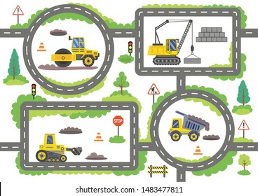 Road with construction vehicles. Children board game. Wallpaper or carpet for childrens room. Kids wall decal. Background for gaming. Birthday decor construction trucks. Vector illustration.