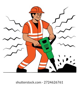 Road construction worker with headphones using jackhammer vector illustration perfect for industrial work site series labor and safety themed designs