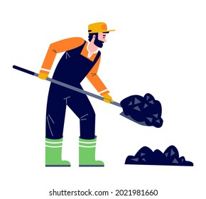 Road Construction Worker Lays Asphalt With Shovel In Flat Style Vector Illustration Isolated On White Background. Professional Repair Of Road Surfaces And Sidewalks.