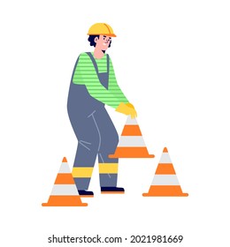 Road construction worker places traffic cones in flat style vector illustration isolated on white background. Construction road professional worker male character in a helmet and work overalls.