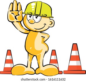 Road construction worker warning motorists to stop for their safety, with their hands held high as a stop sign. Vector illustration in cartoon style, available in EPS 10.