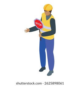 Road construction worker wearing safety vest and helmet holding stop sign, isometric icon