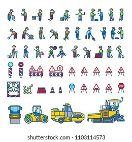 Road construction workers in different action poses, machines and signs. Color vector illustration. Icon style set
