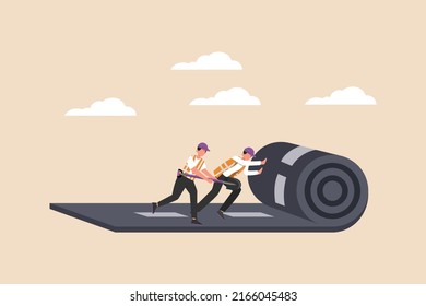 Road construction workers is is laying new asphalt road pavement. Road and building construction concept. Flat vector illustration isolated.