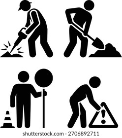 Trabajadores de la construcción de carreteras e iconos de actividad de la tripulación de mantenimiento