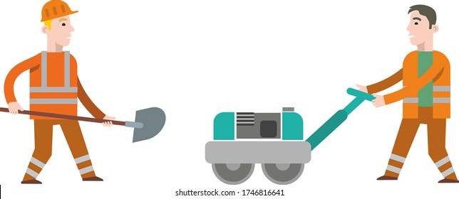 Road construction workers: a man in an orange special uniform and a helmet with a shovel in his hands, a worker with a manual paver. Flat infographics. Vector illustration