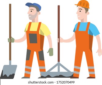 Road construction workers: men in an orange uniform and helmet with a shovel and with a leveler for asphalting in their hands. Flat infographics. Vector illustration