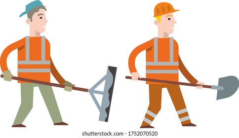 Road construction workers: men in an orange uniform and helmet with a shovel and with a leveler for asphalting in their hands. Flat infographics. Vector illustration