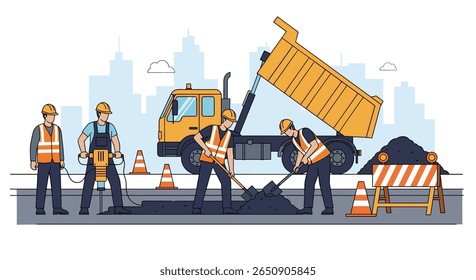 Trabalhadores da construção de estradas que operam máquinas pesadas reparando asfalto pavimento trabalhando em segurança juntos