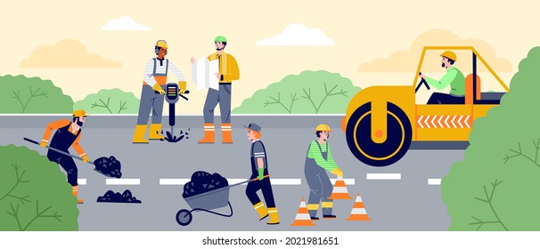 Road construction workers paving asphalt, repair road surface, sidewalks using machinery, professional equipment outdoor. Road construction scene in flat style vector illustration.