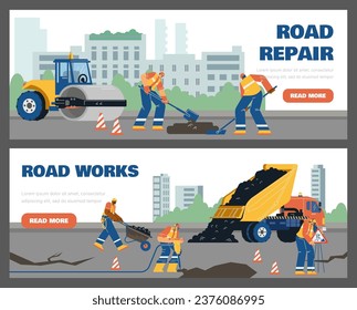 Road construction workers paving asphalt, sidewalks using machinery, professional equipment outdoor. Repair road surfaces flat vector landing page set