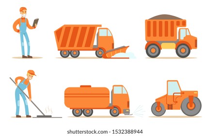 Road Construction Workers in Uniform and Industrial Machines, Heavy Trucks, Tractor Set Vector Illustration