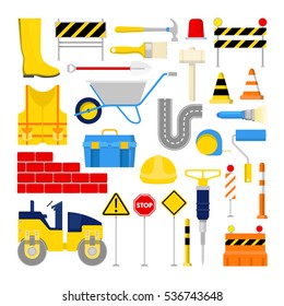Road Construction Works Icons Set with Traffic Cone and Tools. Vector illustration