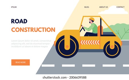 Road construction works web site banner template, flat vector illustration. Landing page interface mockup with road compactor or roller for street asphalt cover.