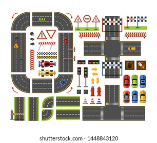 Road constructor top view in flat style for game design isolated on white background. Vector city road elements isolated on white background. Vector illustration