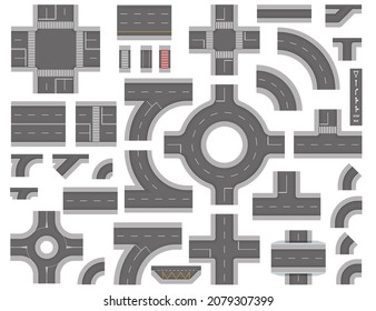 Road constructor top view. Set of road elements with roundabouts, tunnels.City, town highway, route map creation kit.