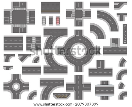 Road constructor top view. Set of road elements with roundabouts, tunnels.City, town highway, route map creation kit.