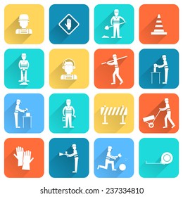 Road contractor street workers flat white icons set with isolated vector illustration