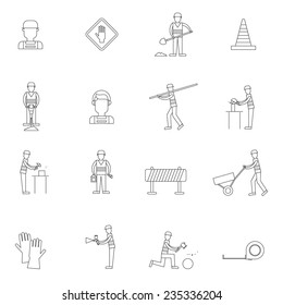 Road contractor street workers with shovel brush helmet outline icons set with isolated vector illustration