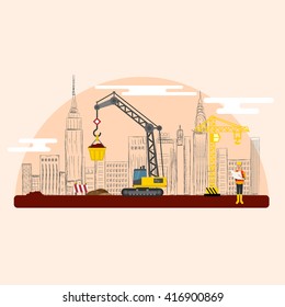 Road contruction, building, civil engineer, city, line, modern flat design, illustration.