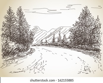 Road In Countryside Hand Drawn Landscape