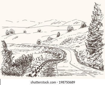 Road in countryside, Hand drawn landscape, Vector illustration
