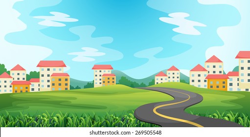 Road to the countryside with houses and field