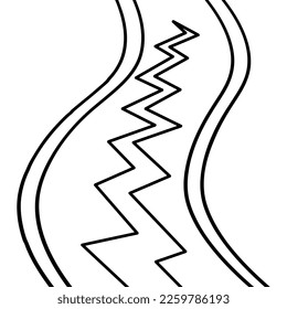 Road and crack. The roadway was damaged by the earthquake. Sketch. A zigzag line on a winding roadbed. Vector illustration. Outline on isolated background.