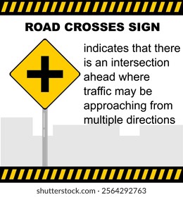 Road Crosses Sign. Road sign for education purpose background clip art. Roadsign for kids in school learning vector illustration. Traffic road sign yellow colour