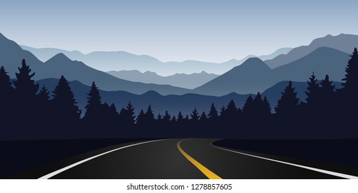 road curve in forest and mountain landscape at dawn vector illustration EPS10