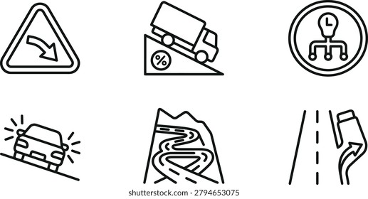 Road Curve Warning and Mountain Road Thin Line Icon Set