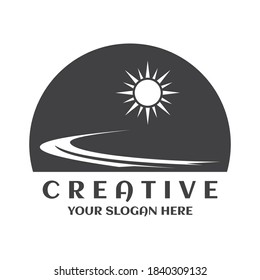 The road curved highway vector design illustration or logo. travel and tourism with sun