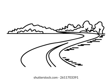 The road curves near lake. line art flat vector illustration.