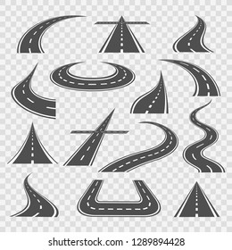 Road curves. Straight and highway roads ways vector illustration, transportation bended pathway curves isolated on transparent