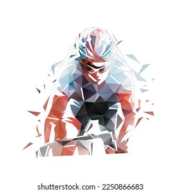 Road cycling, cyclist logo, low polygonal isolated vector illustration. Front view