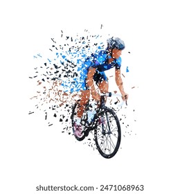 Road cycling, cyclist riding bike, low poly geometric isolated vector illustration with dispersion effect