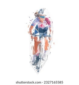 Ciclismo vial, ciclista femenino, visión frontal aisló la ilustración vectorial poligonal baja de triángulos. Mujer activa